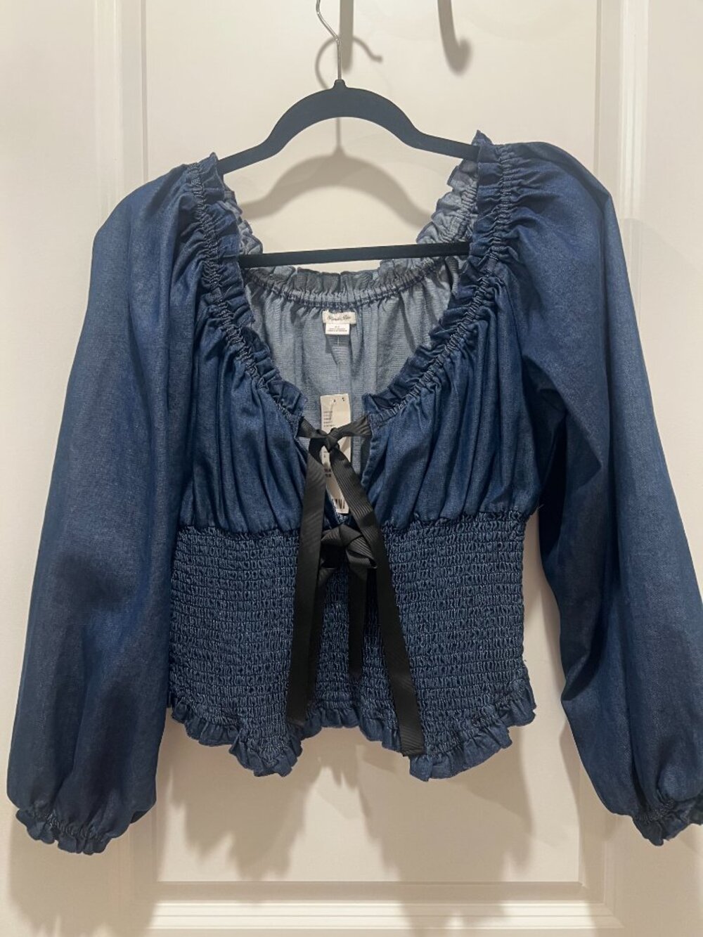 Pim + Larkin Blue Denim Smocked Puff Sleeve Top NWT S